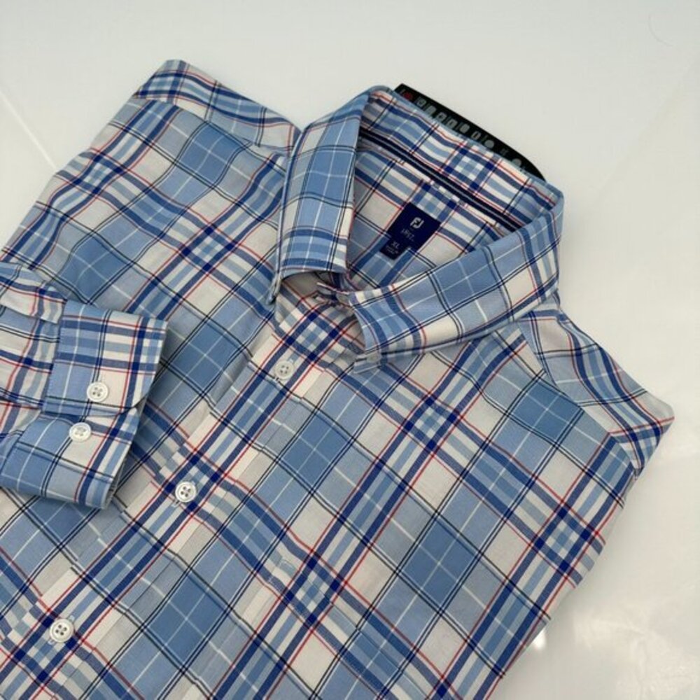 FJ FootJoy Men's Button Down Long Sleeve Pocket Shirt, Size XL, Blue/Wht Plaid